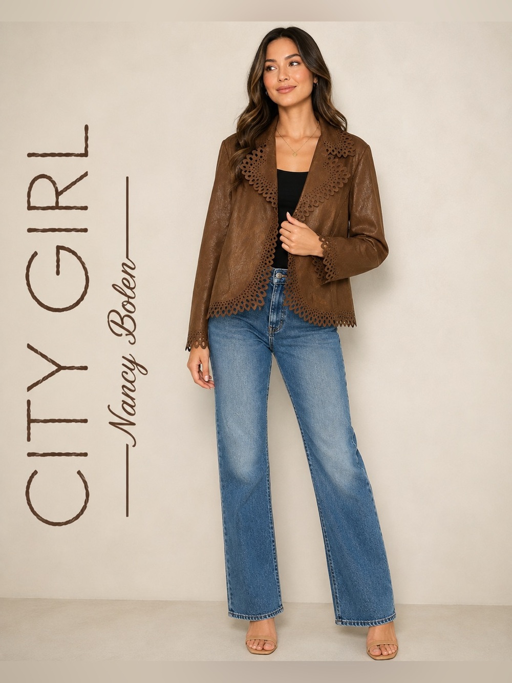 City Girl Nancy Bolen Brown Laser-Cut Open-Front Jacket Size L